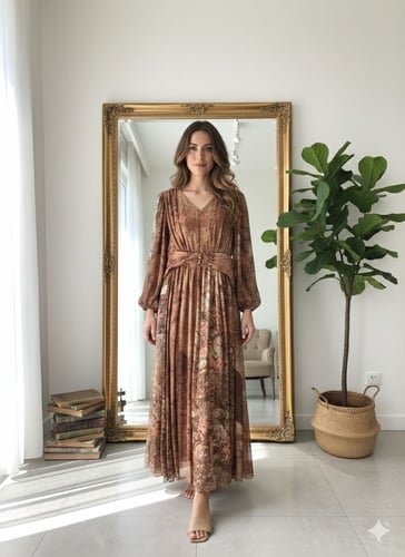 فستان ناعم بني مشجر