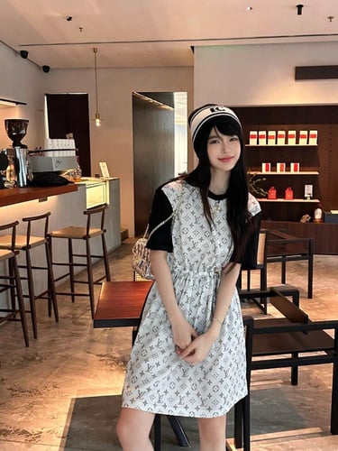 فستان بيج /اسود موديل 1314