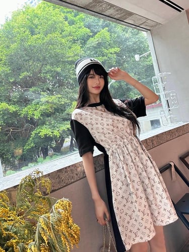 فستان بيج /اسود موديل 1314