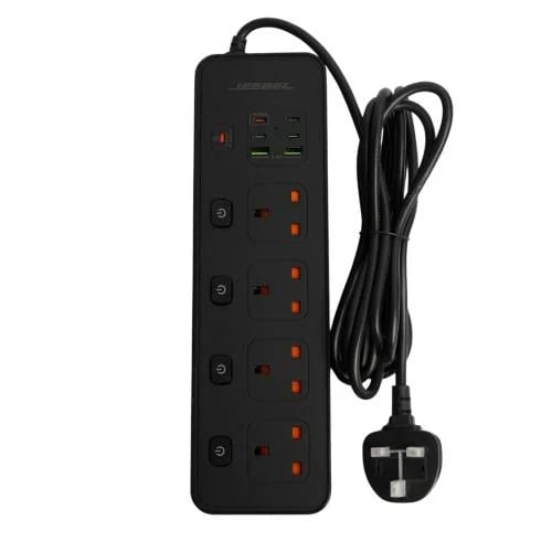 بدون كرتون خارجي- توصيلة كهرباء فولتكس جيبل | بقدرة 3250 واط 4 مقابس UK مستقلة + 2 USB + 4 USB-C PD – حماية متقدمة – معتمدة SASO