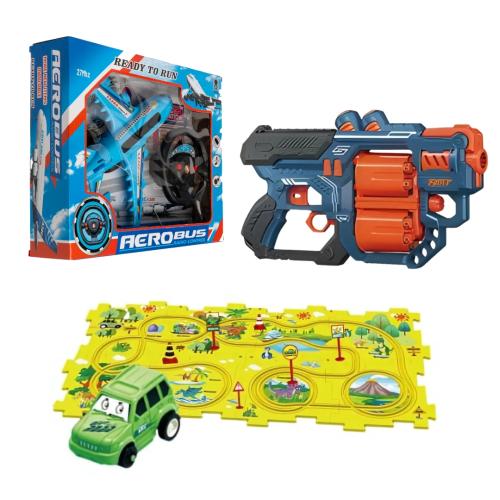 طقم ألعاب أطفال 3 في 1: بازل، طائرة ومسدس