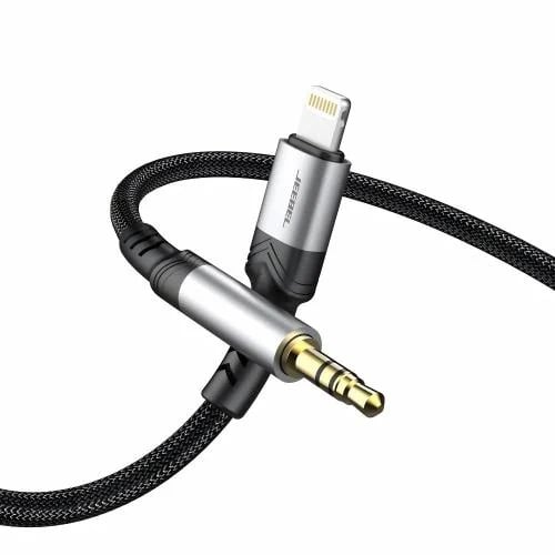 بدون كرتون خارجي – كيبل Jeebel ايفون الى AUX - 3.5mm - صوت عالي الدقة - 1.2 متر - اسود