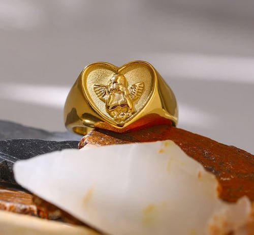 خاتم ملاك على شكل قلب ذهبي من الستانلس ستيل مضاد ل...