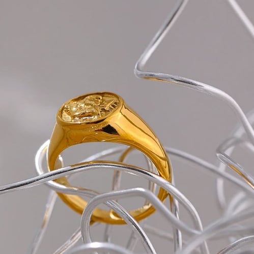 خاتم ملاك دائري ذهبي من الستانلس ستيل مضاد للصدأ