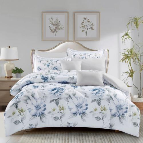 طقم لحاف 8 قطع مايكروفايبر بنقشة زهور زرقاء كبيرة