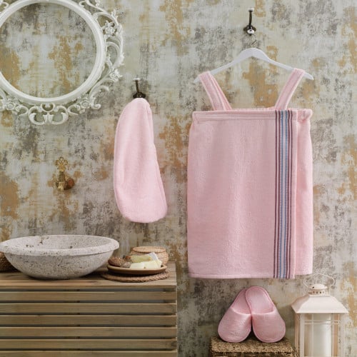 طقم تنوره استحمام وردي فاخر من أنساج