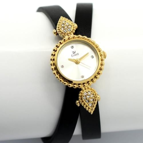 ساعه نسائيه جلد اسود علا ذهبي