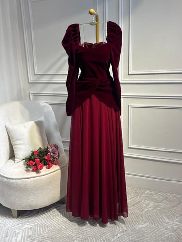 فستان لونين عودي - زيتي مخمل فخم