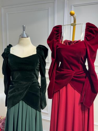 فستان لونين عودي - زيتي مخمل فخم