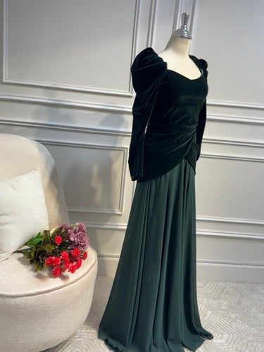 فستان لونين عودي - زيتي مخمل فخم