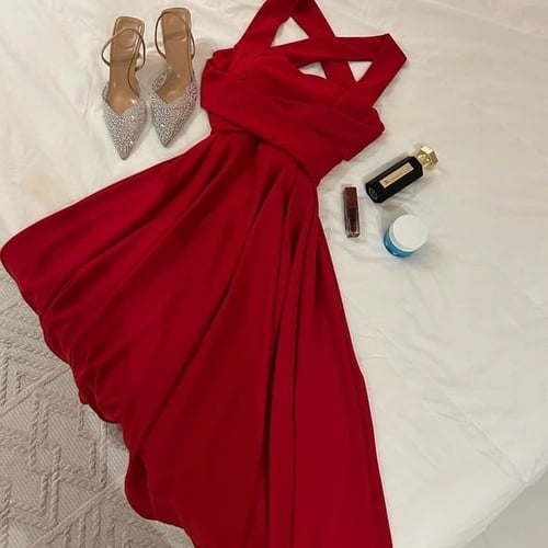 فستان مميز ازرق - احمر حلو طوله ميد ••