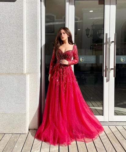 فستان احمر كلوش دبل