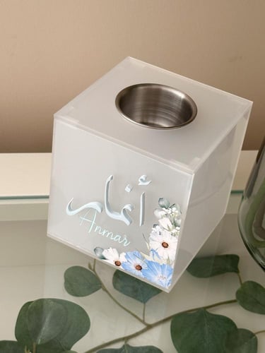 مبخرة اكريلك / مع تصميم الورد السماوي /وكتابة اسمي...