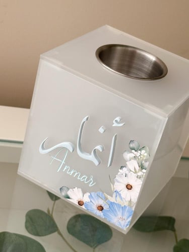 مبخرة اكريلك / مع تصميم الورد السماوي /وكتابة اسمي...