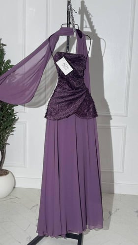 فستان سهره جورجيت بنفسجي مع تطريز وشال