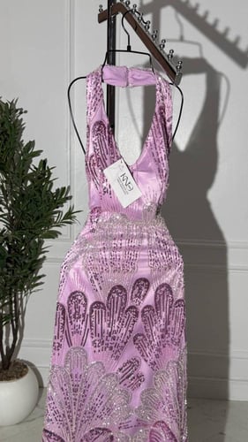 فستان سهره تفته وردي مع خرز فاخر