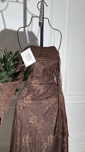 فستان دانتيل بني مع فصوص لامعة، قصة مرتّبة تبرز ال...