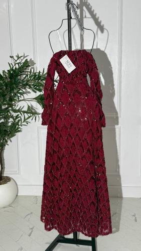 فستان سهرة خمري كلفة دانتيل تل بأكمام طويلة