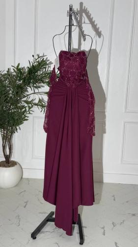 فستان سهره برغندي باربي مع دانتيل وخرز وأكمام متدل...