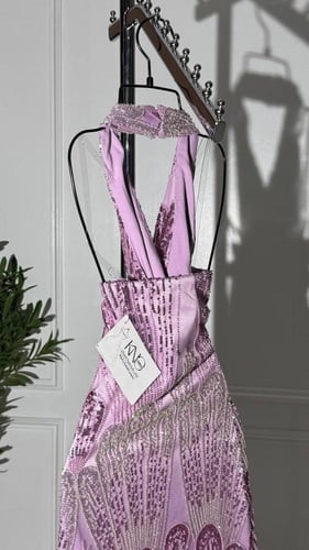 فستان سهره تفته وردي مع خرز فاخر