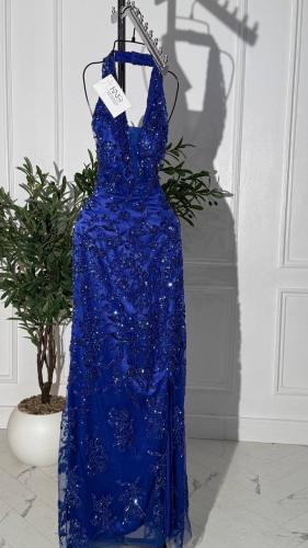 فستان سهرة طويل - أزرق ملكي بخامة شك فاخر - مبطن ت...