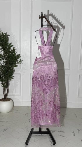 فستان سهره تفته وردي مع خرز فاخر