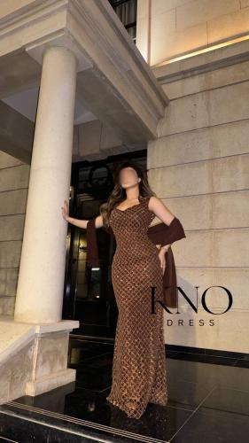فستان سهرة جورجيت بني مبطن بالكامل