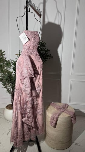 فستان دانتيل لحمي طويل مبطن بفصوص لامعة مع أكمام م...