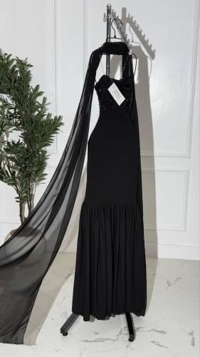 فستان سهره خفيف اسود شيفون شال مع لول و ترتر