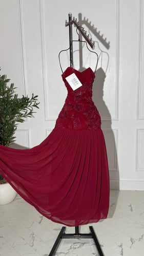 فستان سهره عودي شيفون مزين بخرز و كسرات