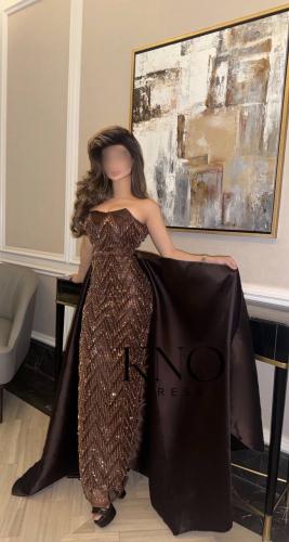 فستان سهرة ميكادو بني فاخر مع شك مموج – تصميم ملكي