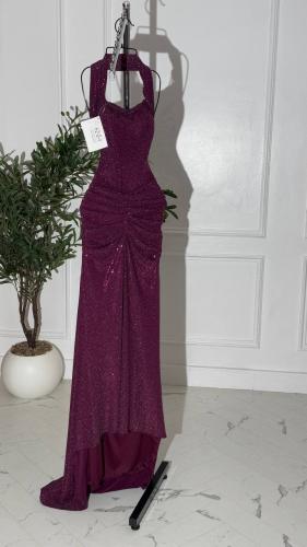 فستان سهره عودي استرتش لمعة فاخرة مع شال جورجيت