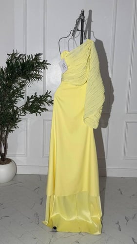 فستان ليموني مطفي مع جورجيت تطريز