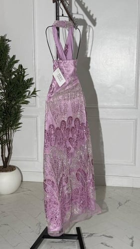 فستان سهره تفته وردي مع خرز فاخر