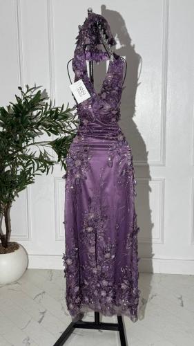 فستان سهره موف غامق ورود مع تفته