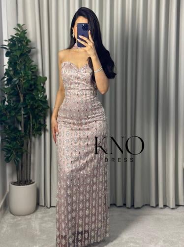 فستان وردي طويل شك خرز مع شال