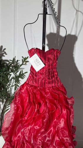 فستان سهرة عودي طويل من الأورجنزا الفاخرة مزين بشك...