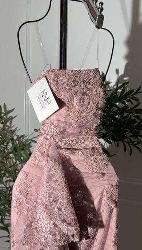 فستان دانتيل لحمي طويل مبطن بفصوص لامعة مع أكمام م...