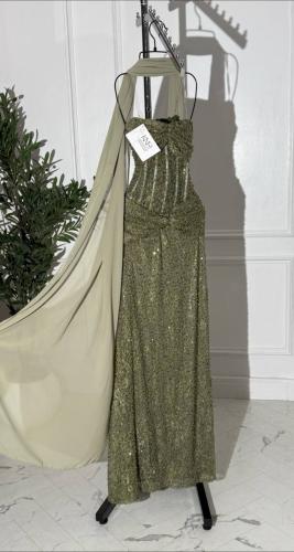 فستان سهره اخضر دانتيل مع كردانة مبطنة وجورجيت