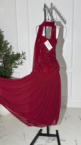 فستان سهره عودي شيفون مزين بخرز و كسرات