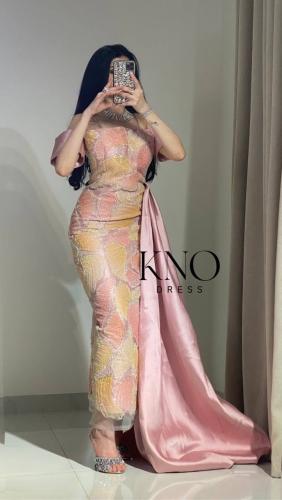 فستان سهره تل ملون مموج خرز مع ميكادو