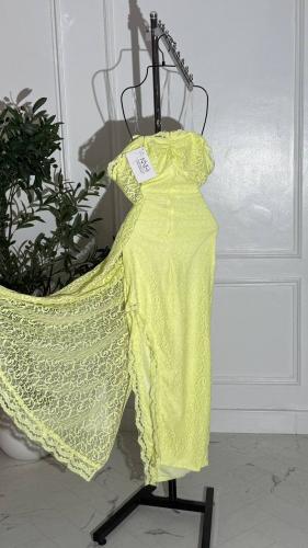 فستان ناعم دانتيل اوفشوردر ليموني مبطن