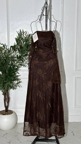فستان دانتيل بني مع فصوص لامعة، قصة مرتّبة تبرز ال...