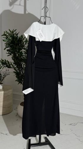 فستان اسود ناعم بياقة بيضاء