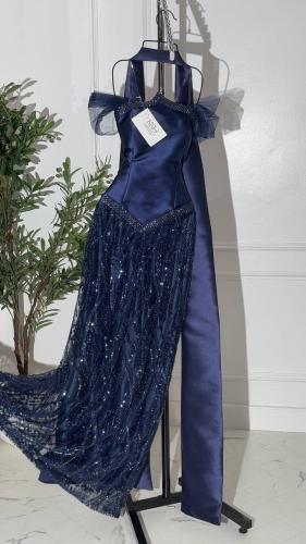 فستان سهرة كحلي شك مع ميكادو و خرز