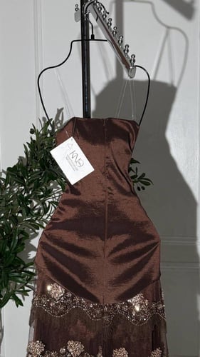 فستان بني شانطون طويل فاخر مزين بتل مطرز لامع للسه...