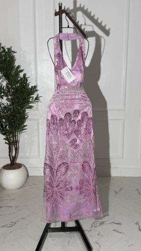 فستان سهره تفته وردي مع خرز فاخر