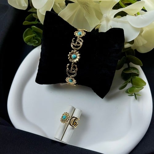 طقم إسوارة وخاتم ذهبي تصميم (Gucci)