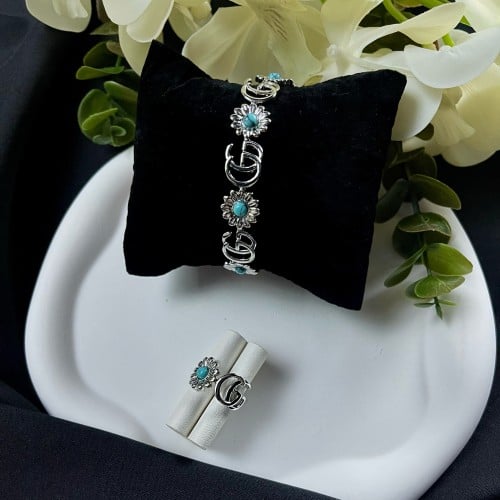 طقم إسوارة وخاتم فضي تصميم (Gucci)