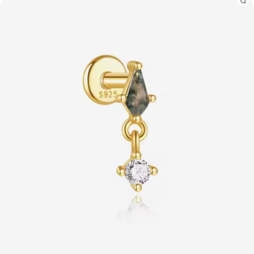 Spring Green Natural Agate stone Stud Earrings 925 Sterling Silver